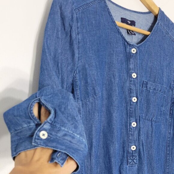 GAP Women's Blue 100% Cotton Drawstring Waist Roll Tab Long Sleeve Romper Sz XS - Picture 3 of 13